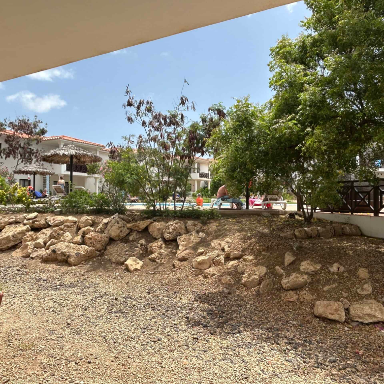 Property for Sale Cape Verde – 2-Bed Apartment at Tortuga Beach Resort, Sal garden and pool view